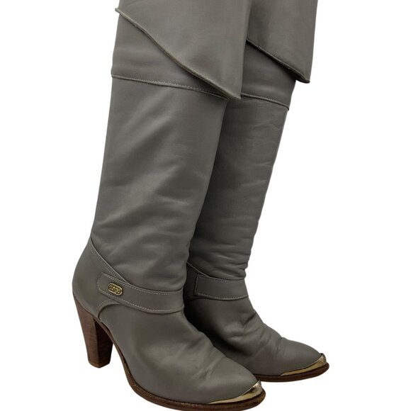VTG Dingo 5.5 Gray Leather Knee Boots Fold-Over Slouchy Western Boho Metal Toe - Picture 1 of 13